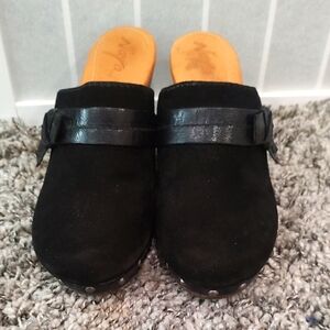 Naya Black Leather Suede Cllogs With Wooden 3.5 Inch Heel Metal Studs